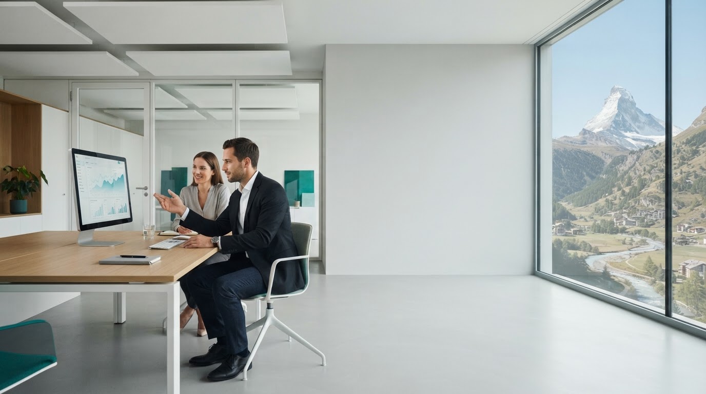 Rendoyure — espace de travail avec ordinateur portable affichant un tableau de bord financier épuré